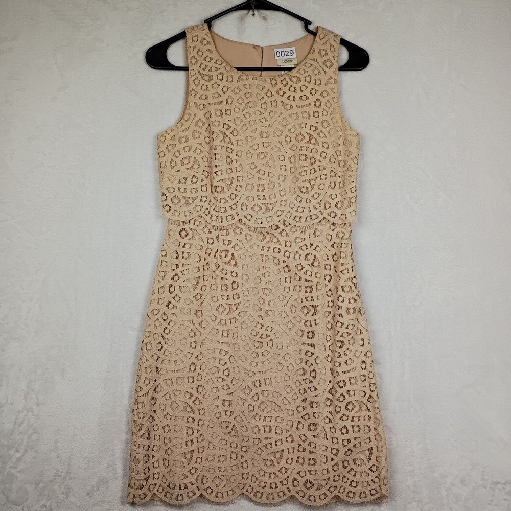 J.Crew Tan Beige Corded Lace Popover Mini Dress Scalloped Hem Sleeveless 00
